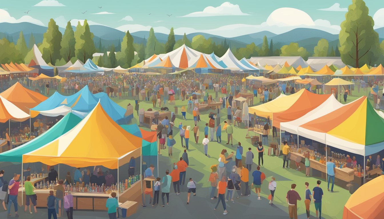 A bustling craft beer festival in Salem, Oregon, with rows of colorful tents, beer tastings, and enthusiastic patrons enjoying the local brews