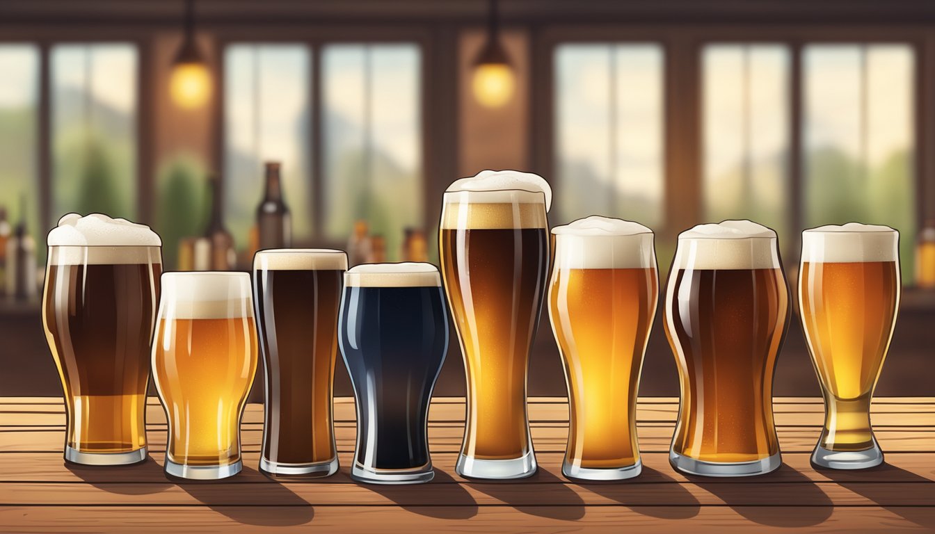 A variety of beer glasses filled with different styles of craft beer, arranged on a wooden table in a cozy local brewery