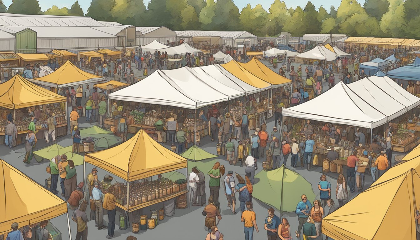 A bustling craft beer festival in Salem, OR, with rows of vendors, live music, and enthusiastic beer enthusiasts sampling and socializing