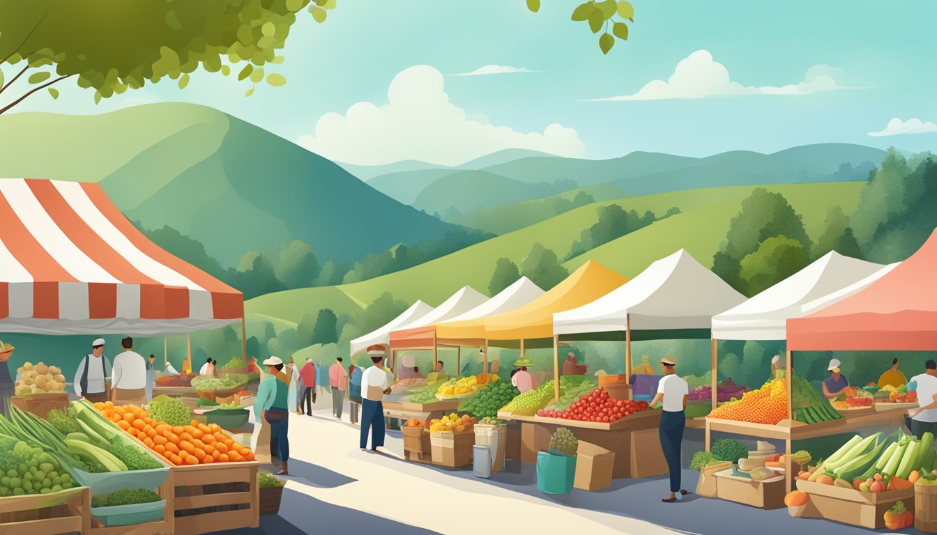 A bustling farmers market with colorful produce and artisanal ingredients, surrounded by green hills and a clear blue sky