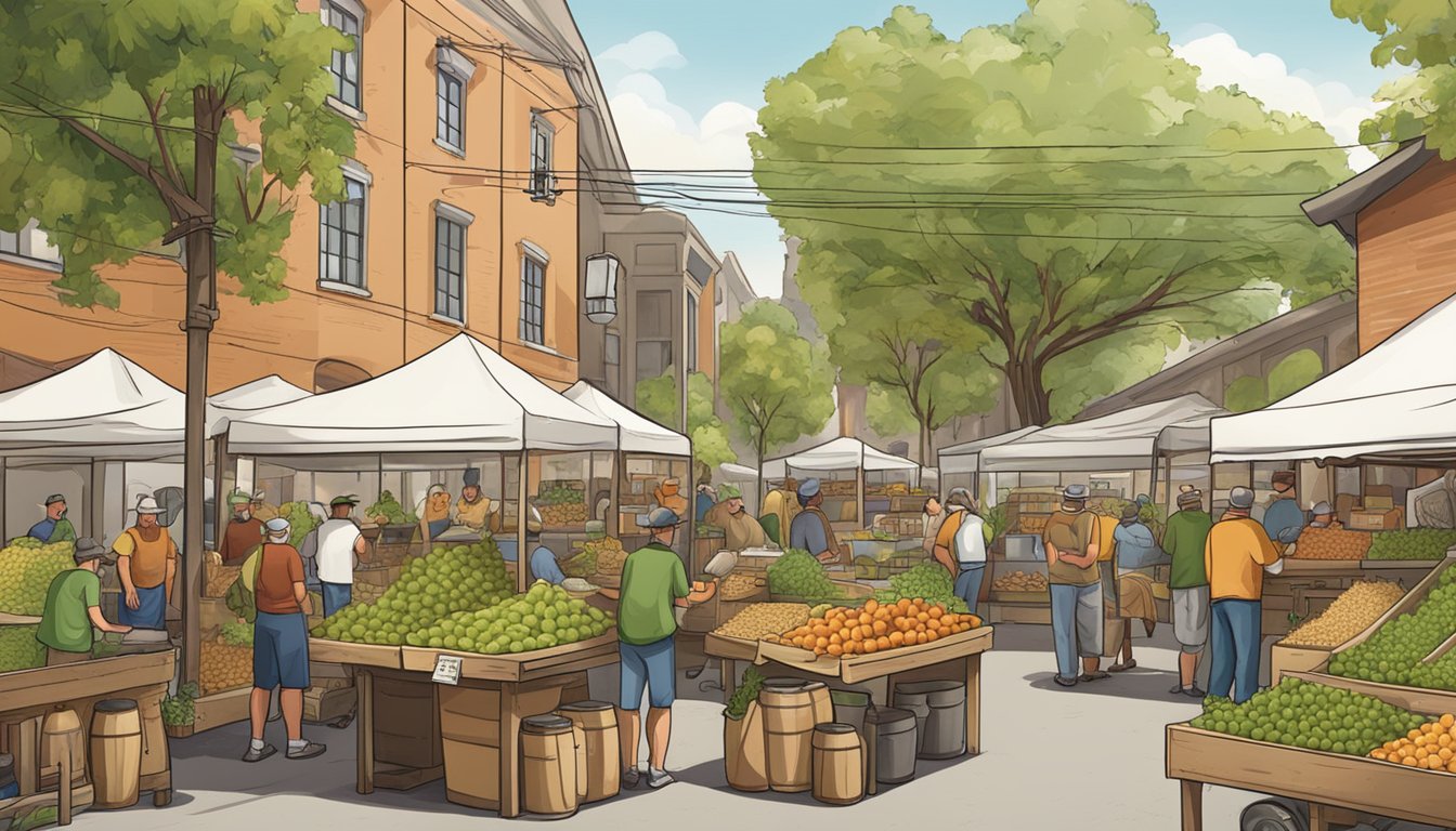 A bustling farmer's market with fresh hops, barley, and fruits. A local brewery showcasing traditional brewing methods alongside modern equipment