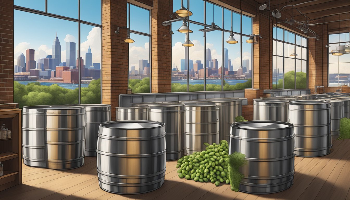 A bustling brewery with stainless steel tanks and wooden barrels, surrounded by stacks of hops and malt bags, with a backdrop of the Cleveland skyline