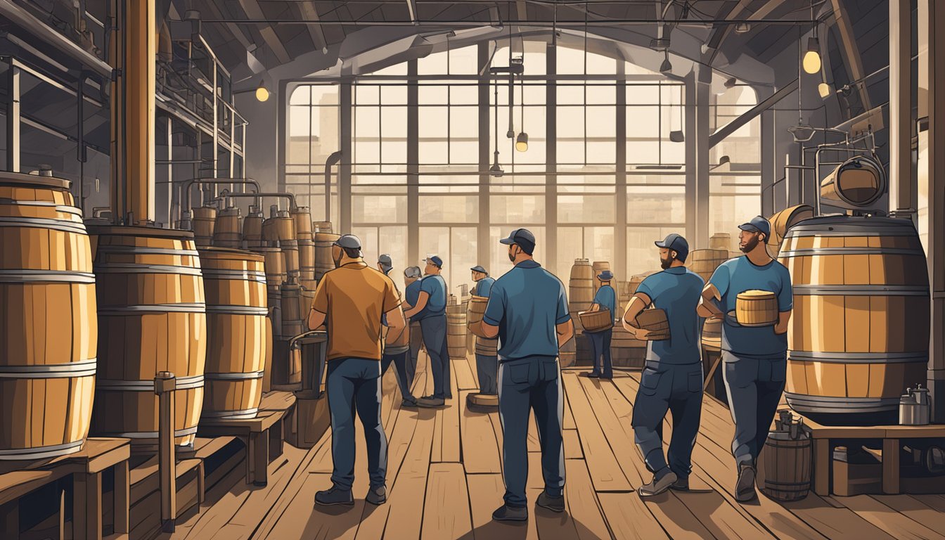 A bustling brewery in Pittsburgh, PA, with workers crafting local craft beer amidst towering fermentation tanks and rows of wooden barrels