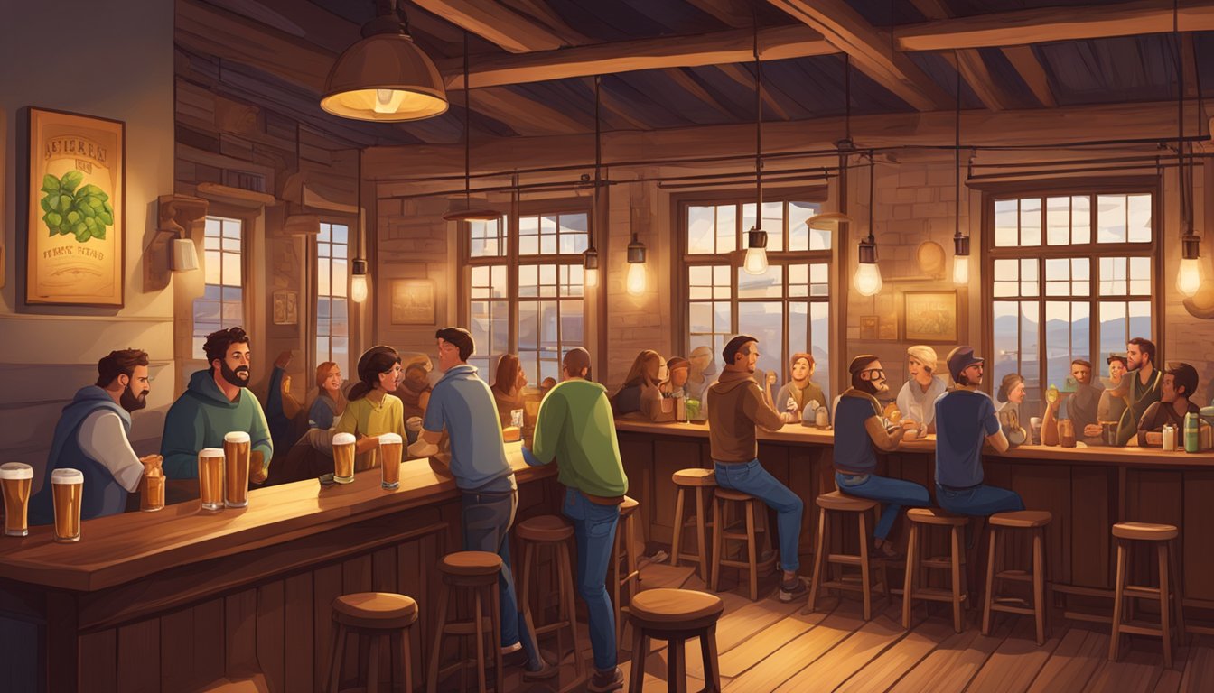 A cozy brewery with warm lighting, wooden tables, and a bustling bar. Patrons chat and laugh amid the aroma of hops and malt