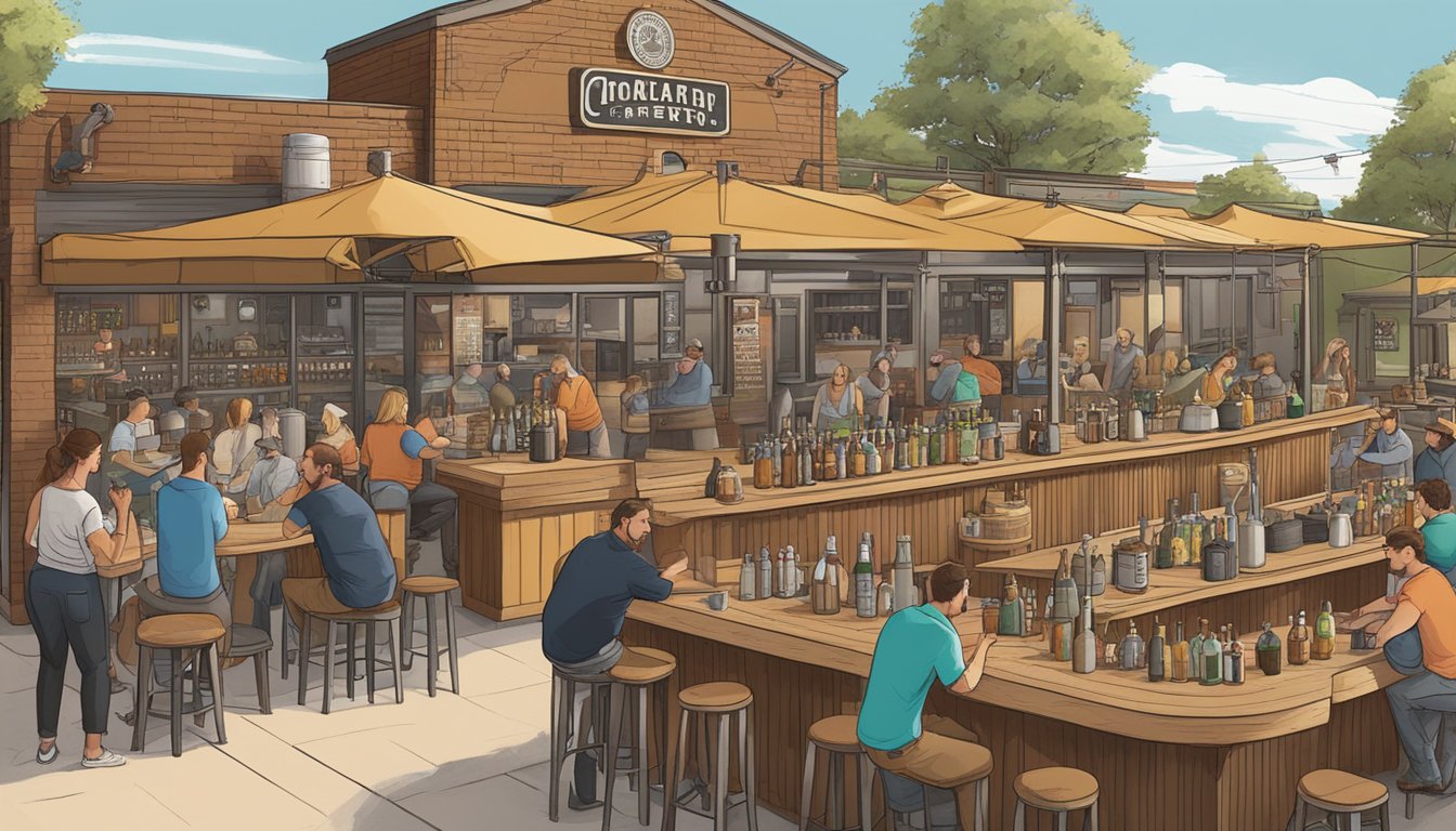 A bustling craft brewery scene in Norman, OK, with diverse beer styles, taprooms, and outdoor seating