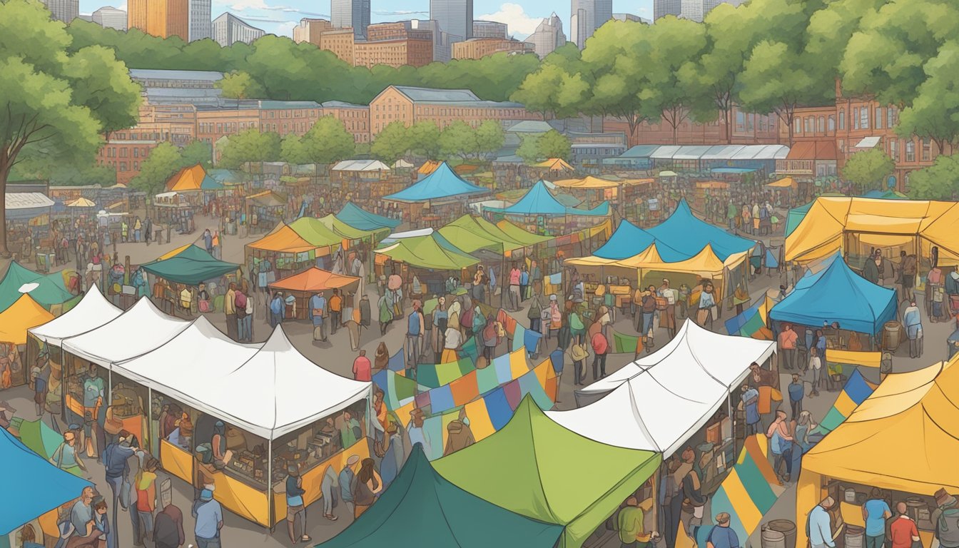 A bustling craft beer festival in Pittsburgh, with rows of colorful brewery tents and people sampling various brews