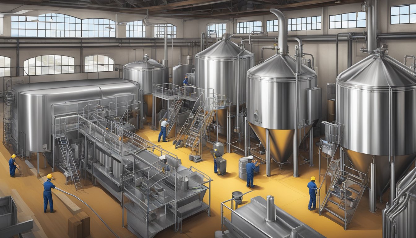 A brewery in Norman, OK with large steel vats, pipes, and hoses, surrounded by workers in aprons and hard hats