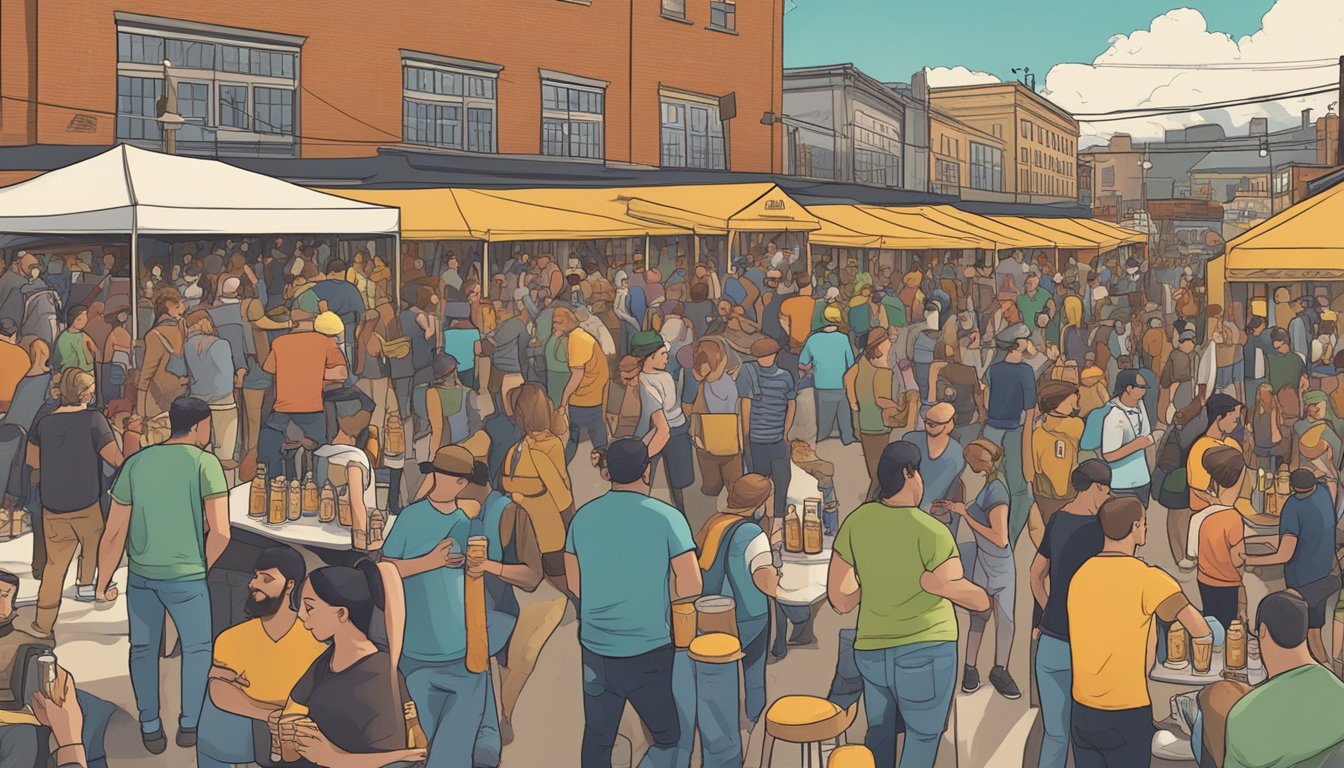 A bustling craft beer festival in Pittsburgh, PA, with diverse breweries, live music, and enthusiastic patrons