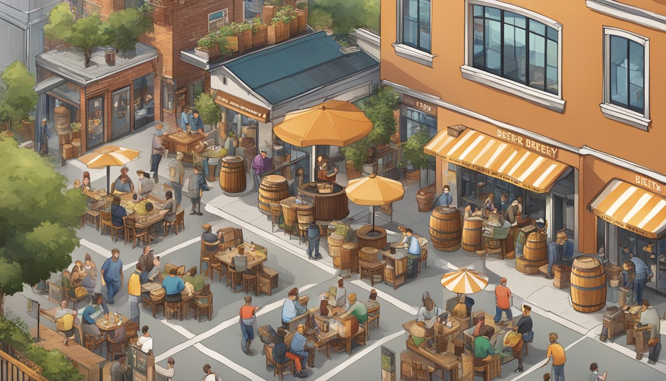 A bustling brewery district with diverse beer styles and lively outdoor patios