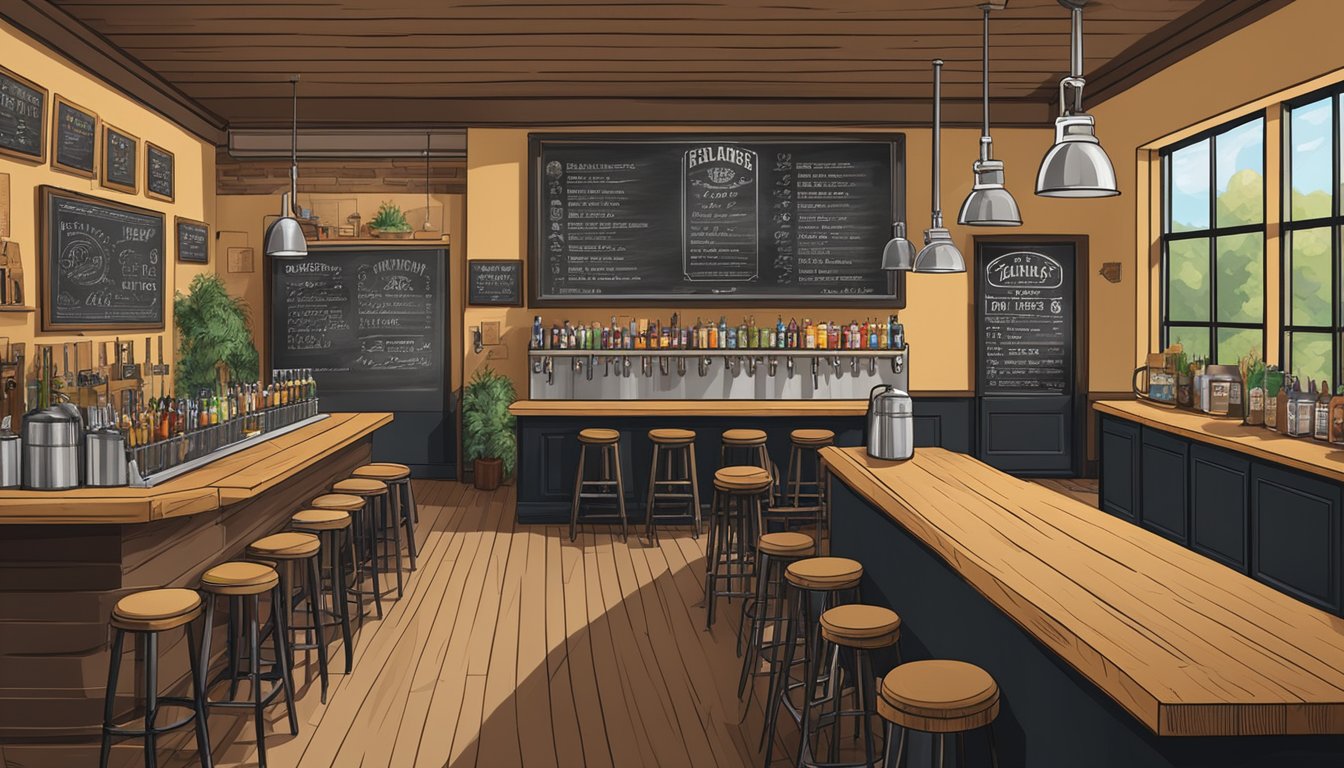 A bustling taproom with a variety of craft beer taps, surrounded by chalkboard menus and rustic decor