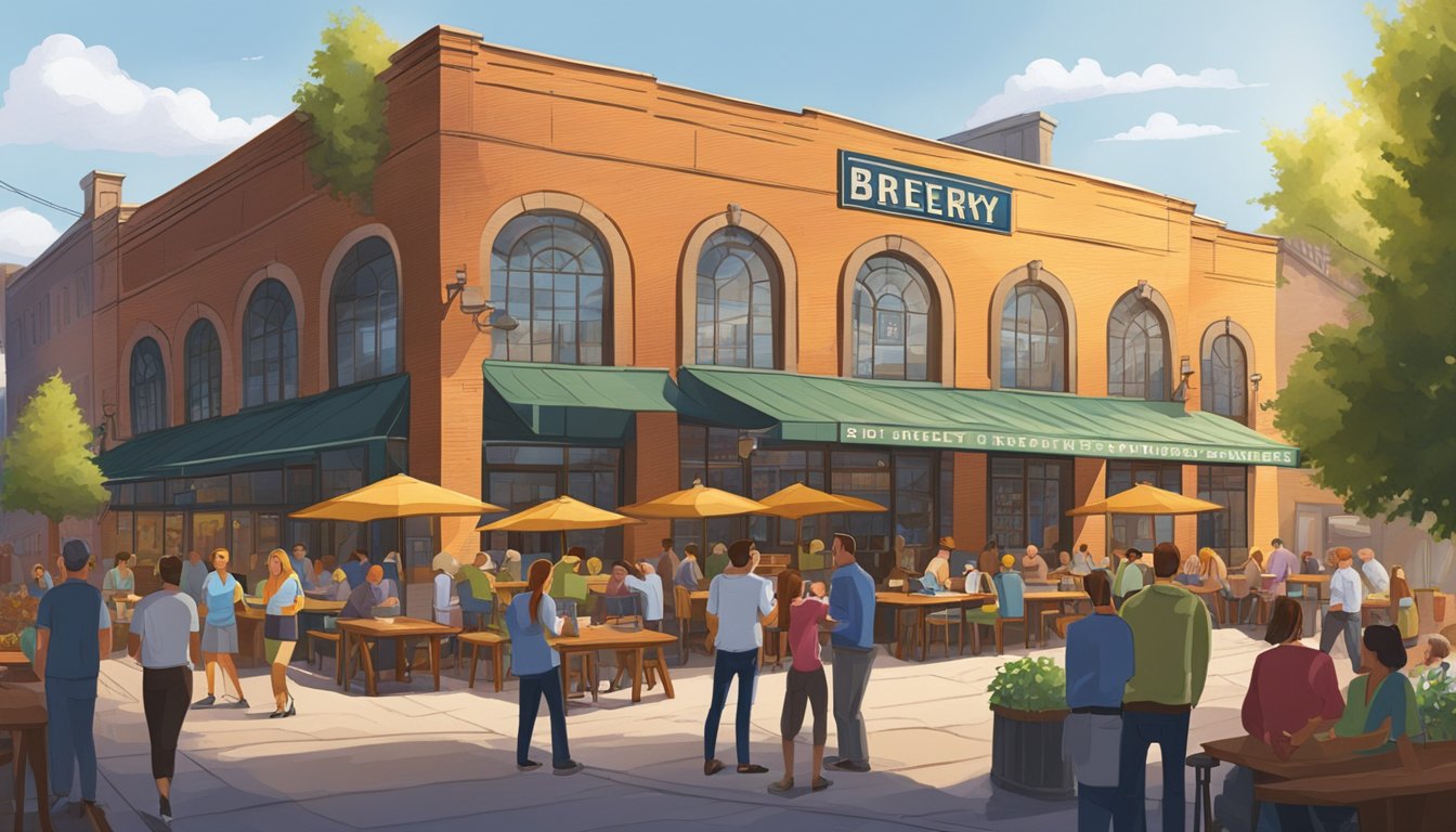 A bustling brewery scene in Toledo, with patrons enjoying craft beer flights and outdoor seating. Vibrant signage and industrial decor create a lively atmosphere