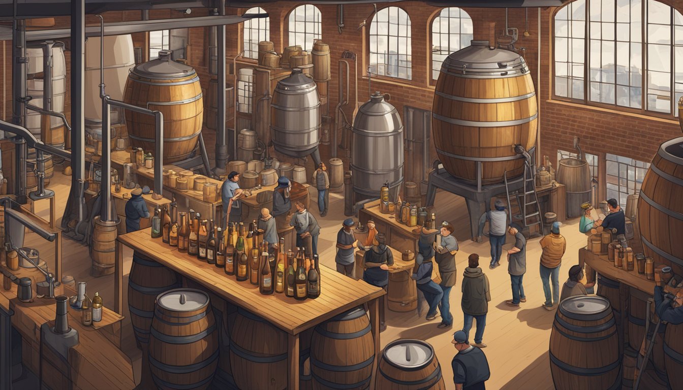 A bustling brewery with patrons sipping on various craft beers, surrounded by industrial brewing equipment and wooden barrels