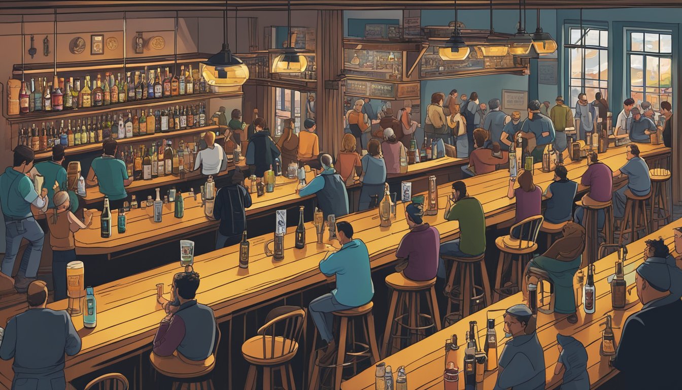 A bustling bar with rows of taps, each labeled with different local craft beer brands, surrounded by people enjoying drinks and conversation