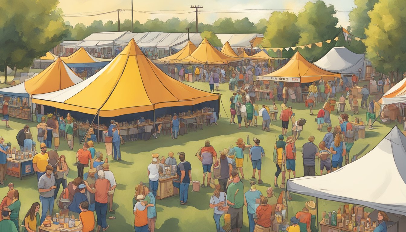 A bustling local craft beer festival in Norman, OK, with colorful tents and lively music, showcasing a variety of unique brews