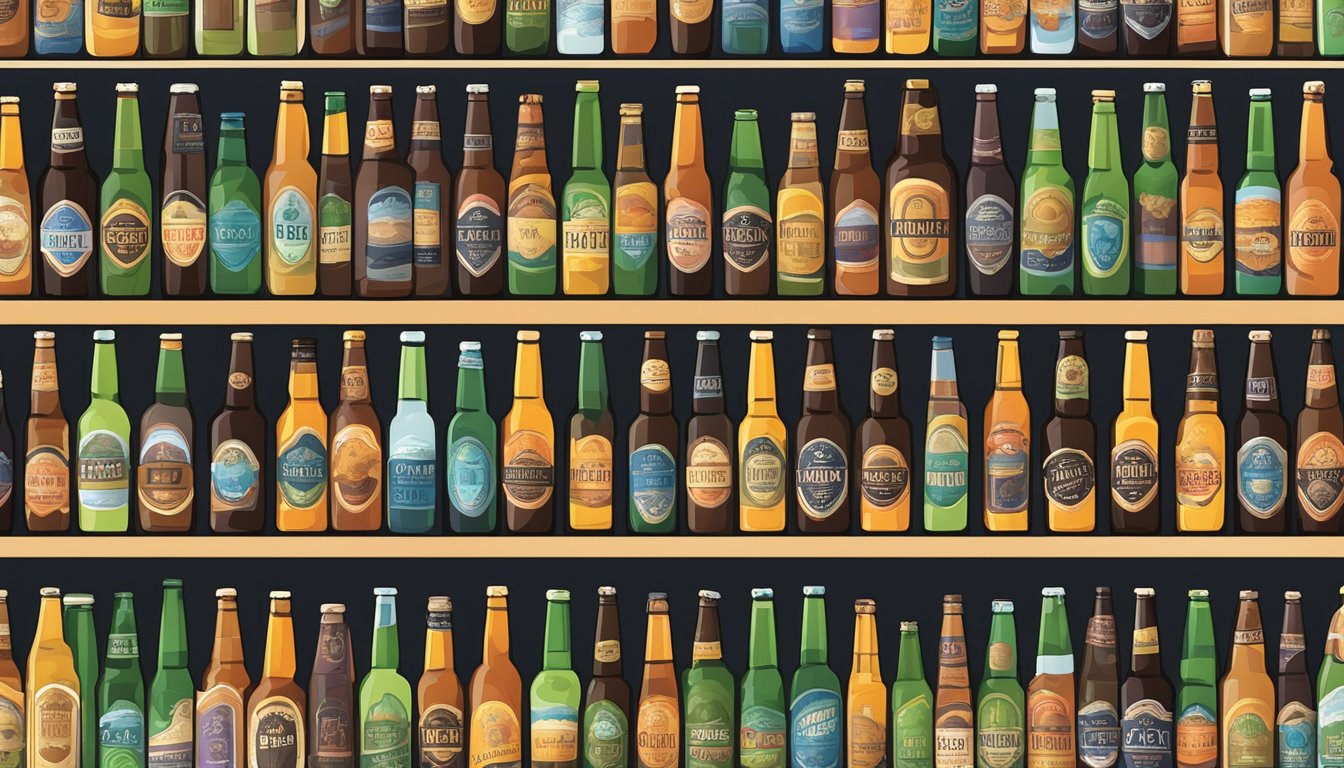 A row of colorful craft beer bottles on display at a local bar, each with unique labels and varying levels of liquid inside