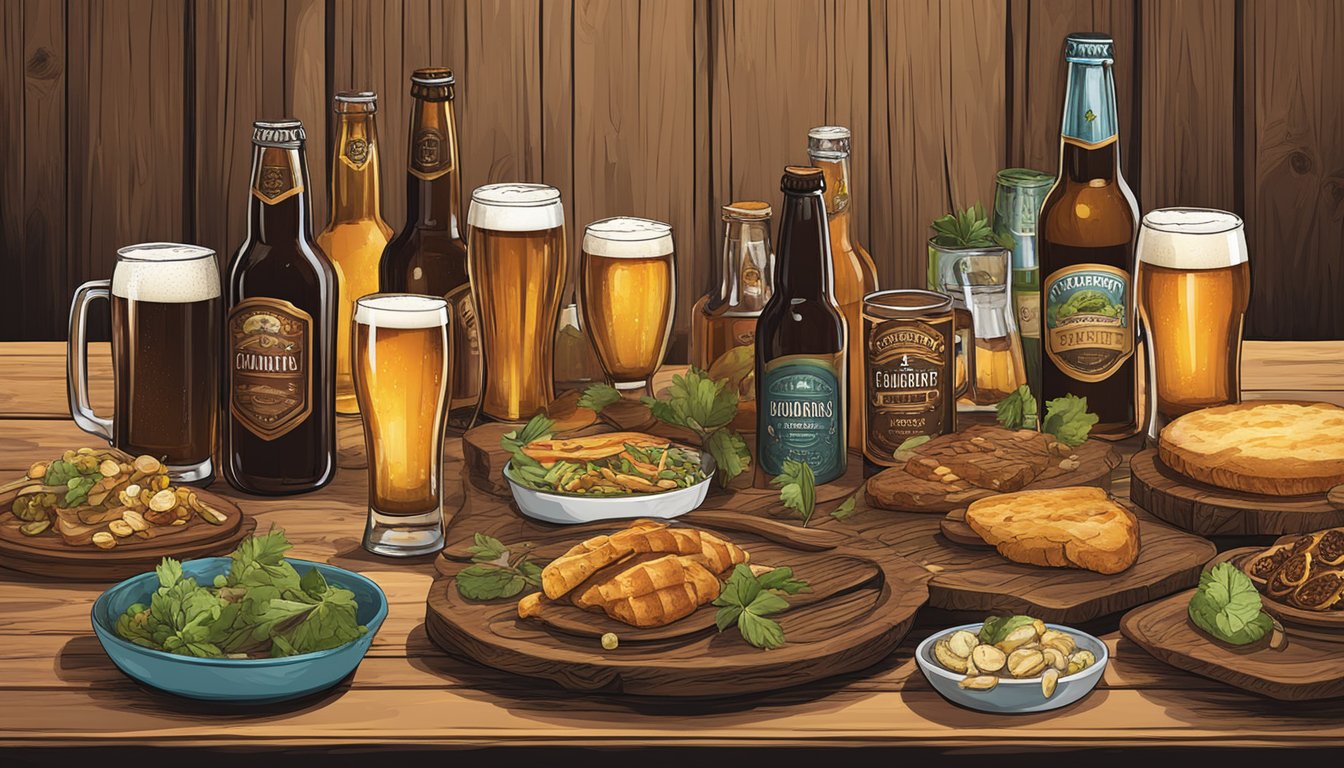 A rustic wooden table adorned with a variety of local craft beer bottles and glasses, surrounded by plates of gourmet food pairings