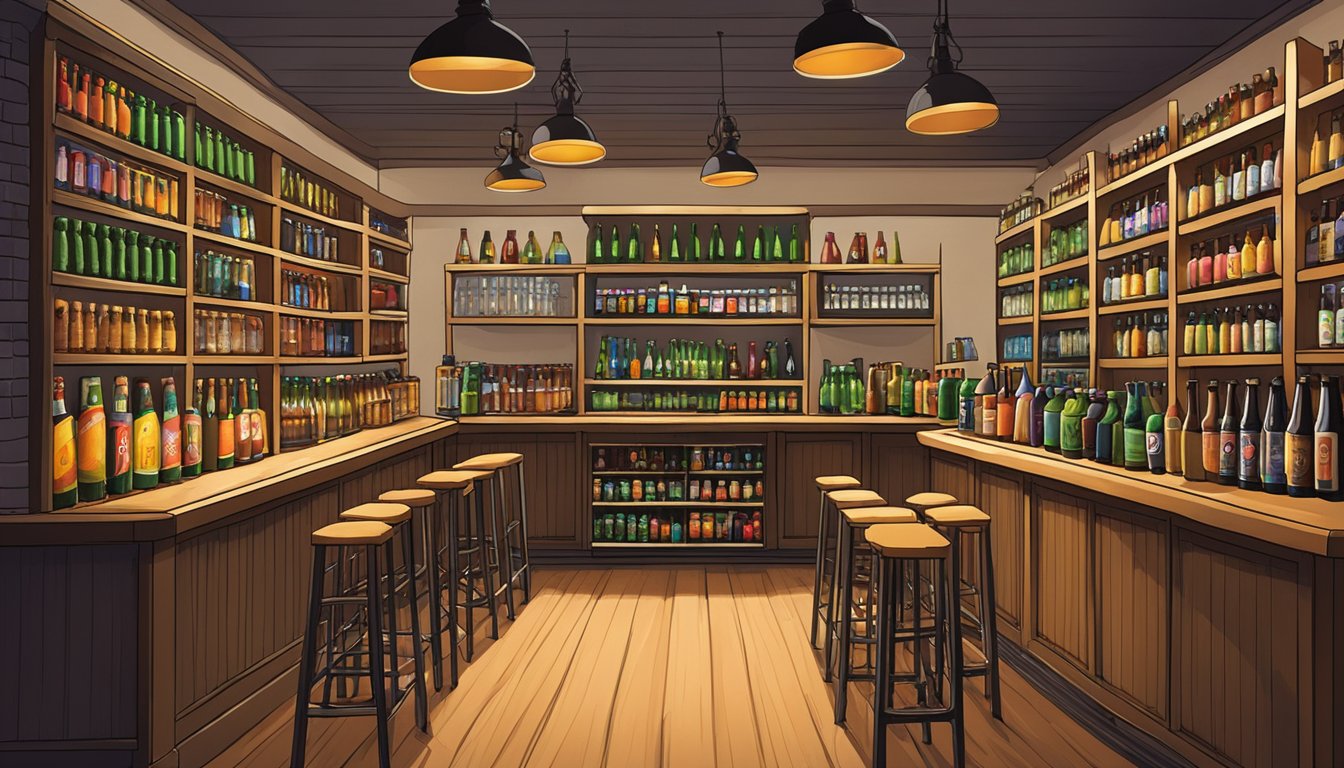 A cozy craft beer shop in Toledo, OH, with shelves lined with a variety of colorful and unique beer bottles and cans. The shop is filled with warm lighting and inviting atmosphere