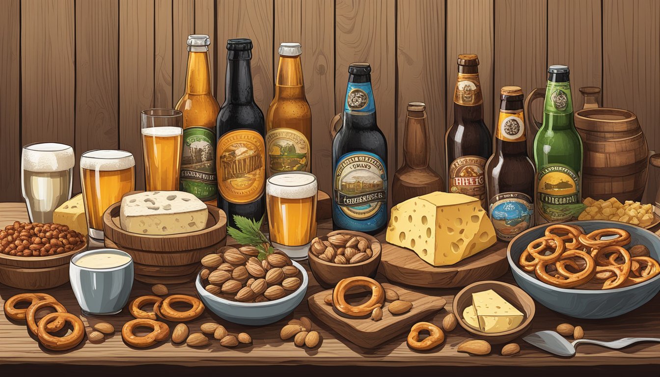 A rustic wooden table with an assortment of local craft beer bottles and glasses, surrounded by bowls of pretzels, nuts, and artisanal cheeses