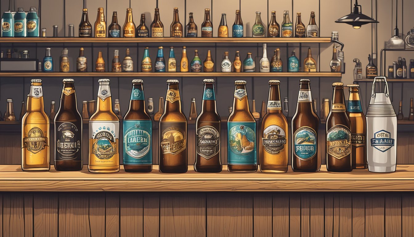 A row of craft beer bottles and cans displayed on a wooden bar counter with to-go growlers and branded merchandise in the background