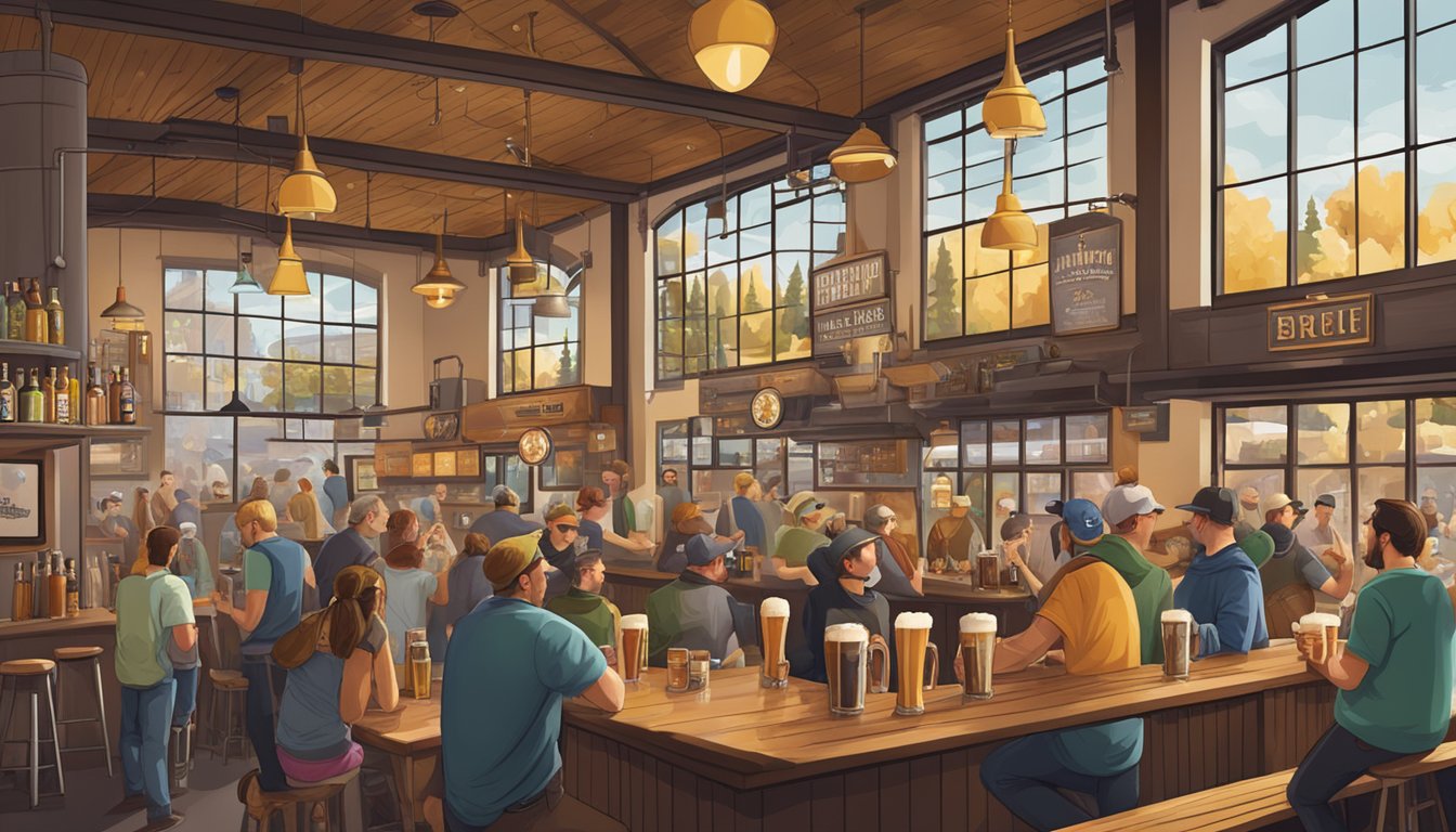 A bustling brewery scene in Bend, Oregon with a variety of craft beer taps, patrons enjoying pints, and a lively atmosphere