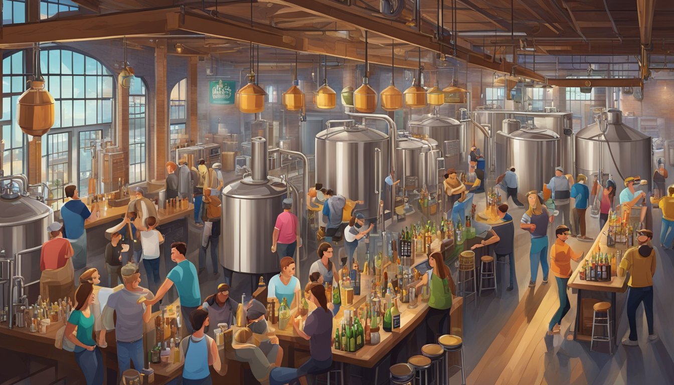 A bustling brewery with patrons sampling various craft beers, surrounded by industrial brewing equipment and colorful signage