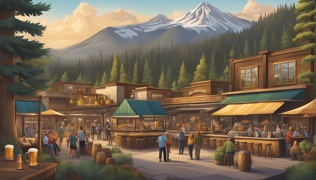 A bustling brewery scene with a variety of unique beer styles on tap, surrounded by the picturesque mountains and forests of Bend, Oregon