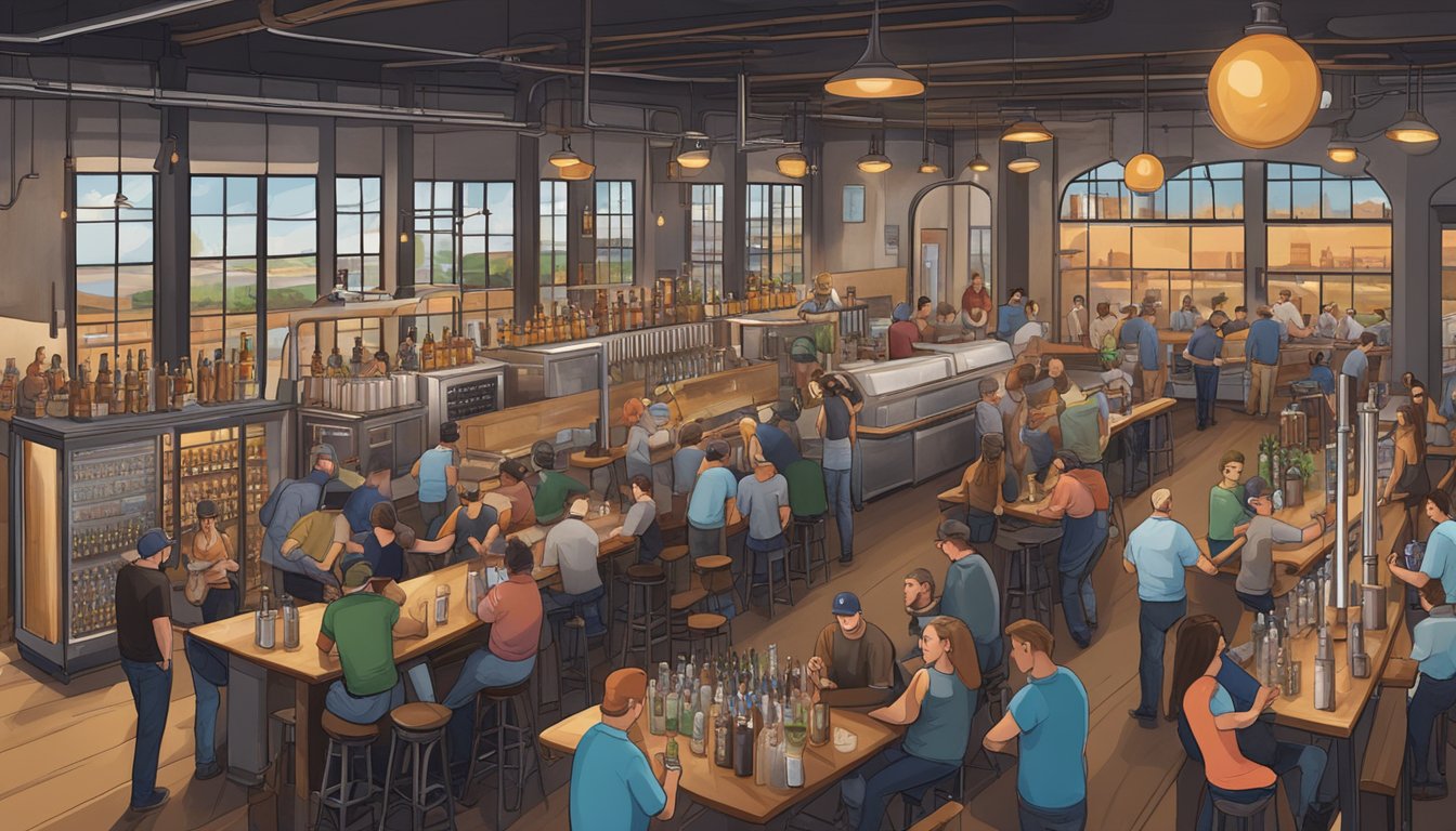 A bustling brewery scene in Oklahoma City, with rows of craft beer taps, industrial brewing equipment, and locals enjoying pints at communal tables