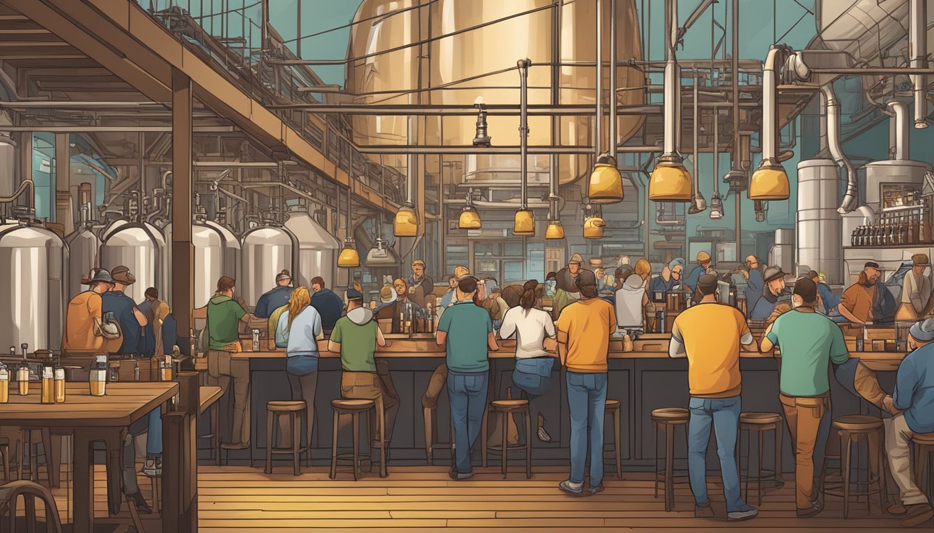 A bustling brewery scene with various beer taps and patrons enjoying craft brews in Oklahoma City, OK