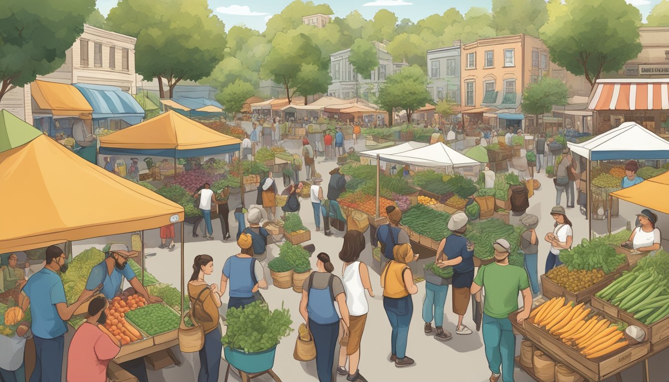 A bustling farmers' market with vendors selling locally brewed craft beer, surrounded by greenery and community members engaging in sustainable practices