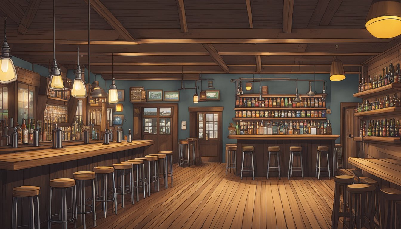 A cozy taproom with rustic decor, warm lighting, and a variety of unique craft beer taps