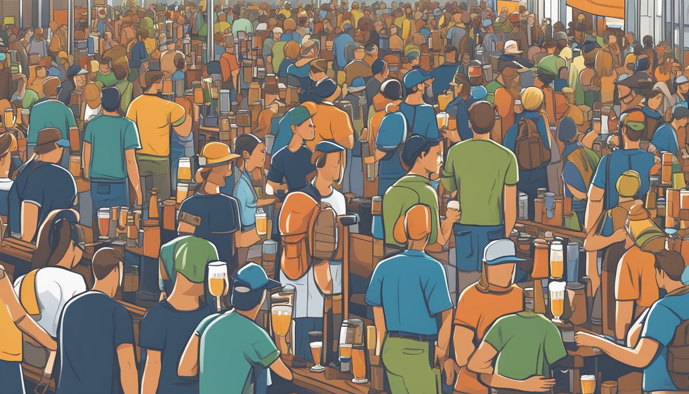 A bustling craft beer festival with rows of unique, colorful beer taps and excited patrons sampling specialty brews in Oklahoma City