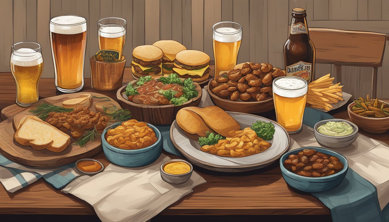 A rustic wooden table adorned with a spread of local Oklahoma City cuisine, paired with a variety of craft beers in unique glassware