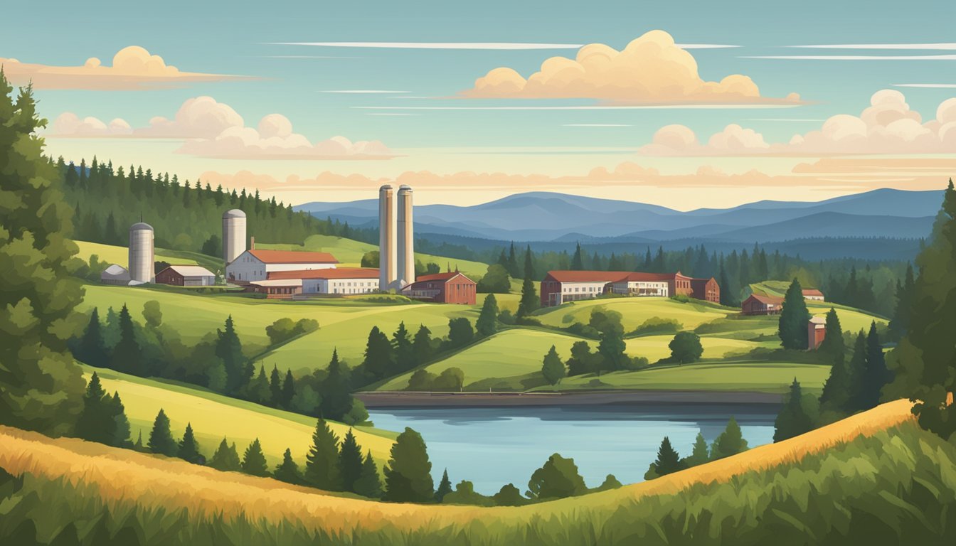 A picturesque landscape with rolling hills and a charming brewery nestled among the greenery, showcasing the local craft beer scene in Hillsboro, OR