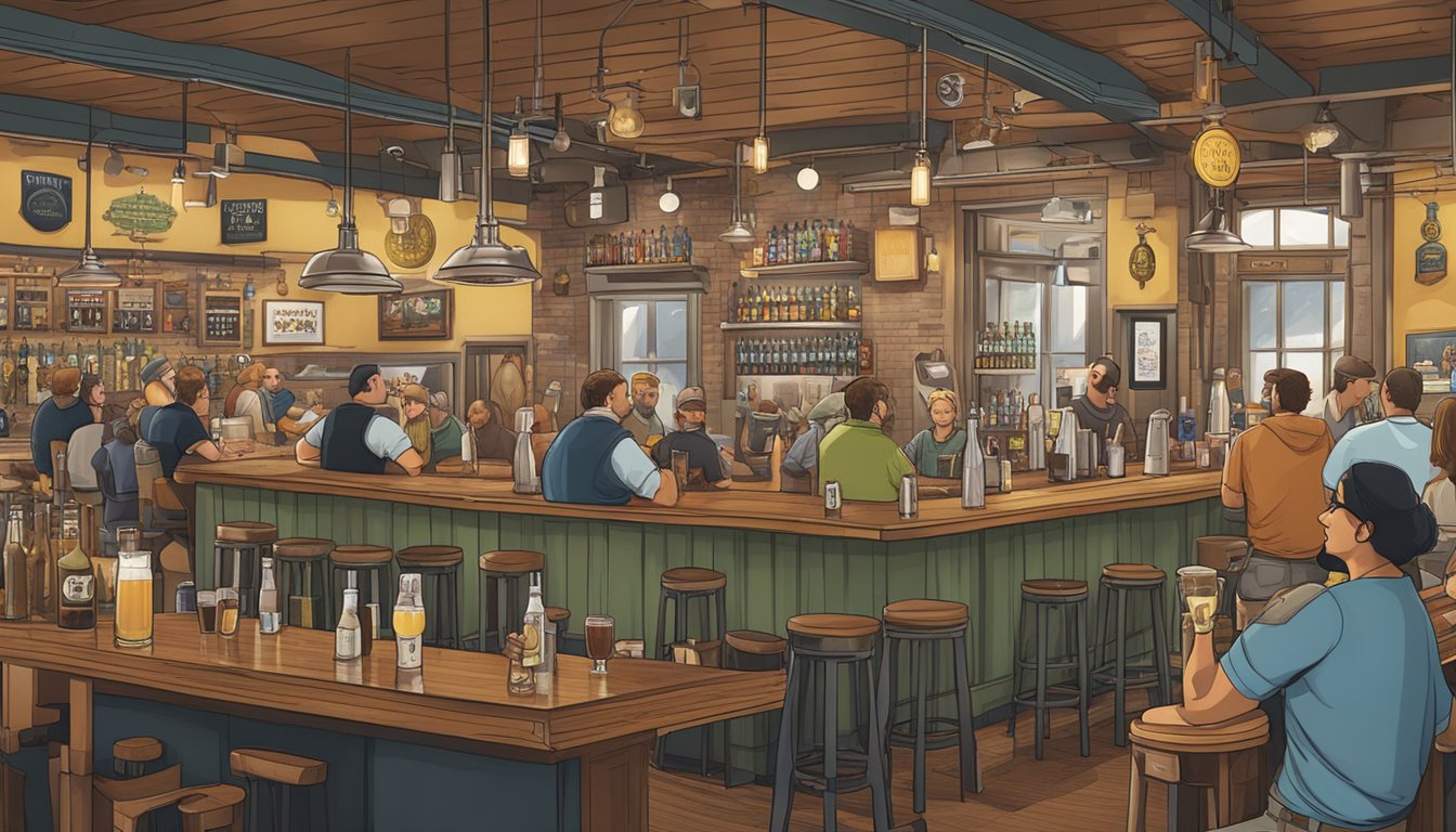 A bustling taproom with a variety of craft beer taps, local brewery logos, and patrons enjoying drinks and conversation