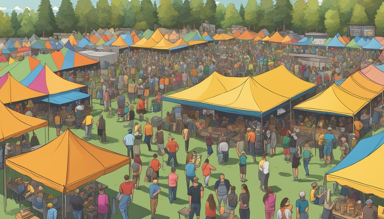 A bustling craft beer festival in Hillsboro, OR, with rows of colorful tents, people sampling beers, and a live band playing on a stage