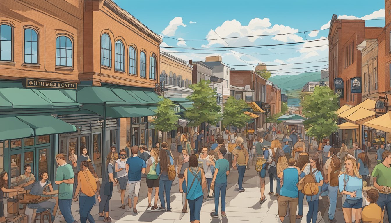 A bustling Chattanooga street lined with breweries and beer gardens, filled with locals and tourists enjoying craft beer and live music