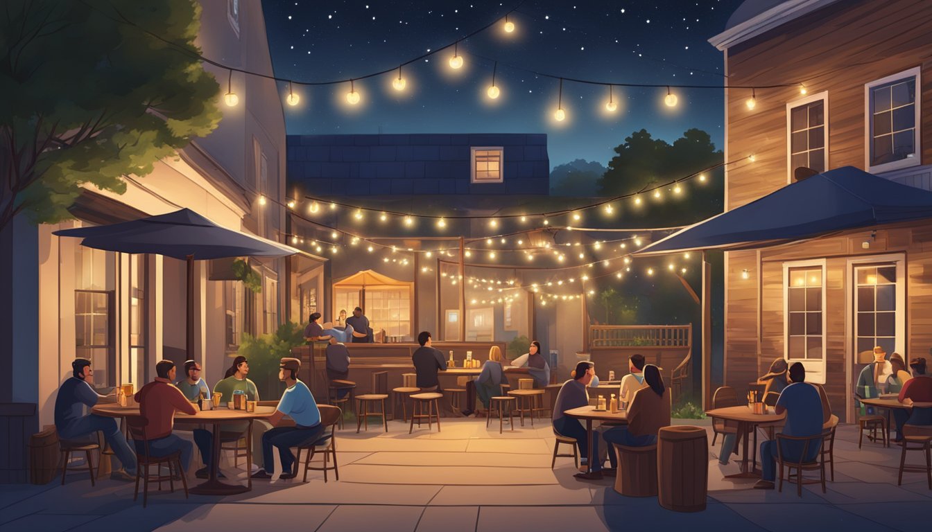 A cozy local brewery with outdoor seating and string lights. Customers enjoy craft beer and conversation under a starry night sky