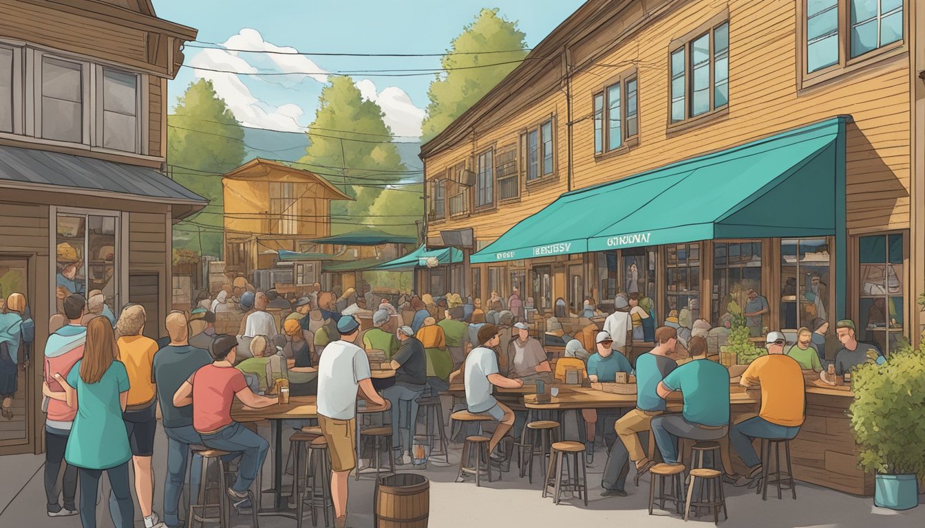 A bustling local brewery with patrons enjoying craft beer, surrounded by a close-knit community in Hillsboro, Oregon