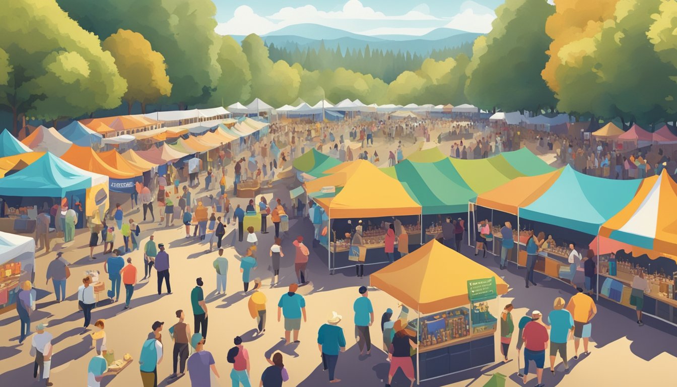 A bustling craft beer festival in Hillsboro, with rows of colorful tents, live music, and people enjoying tastings in the sunshine