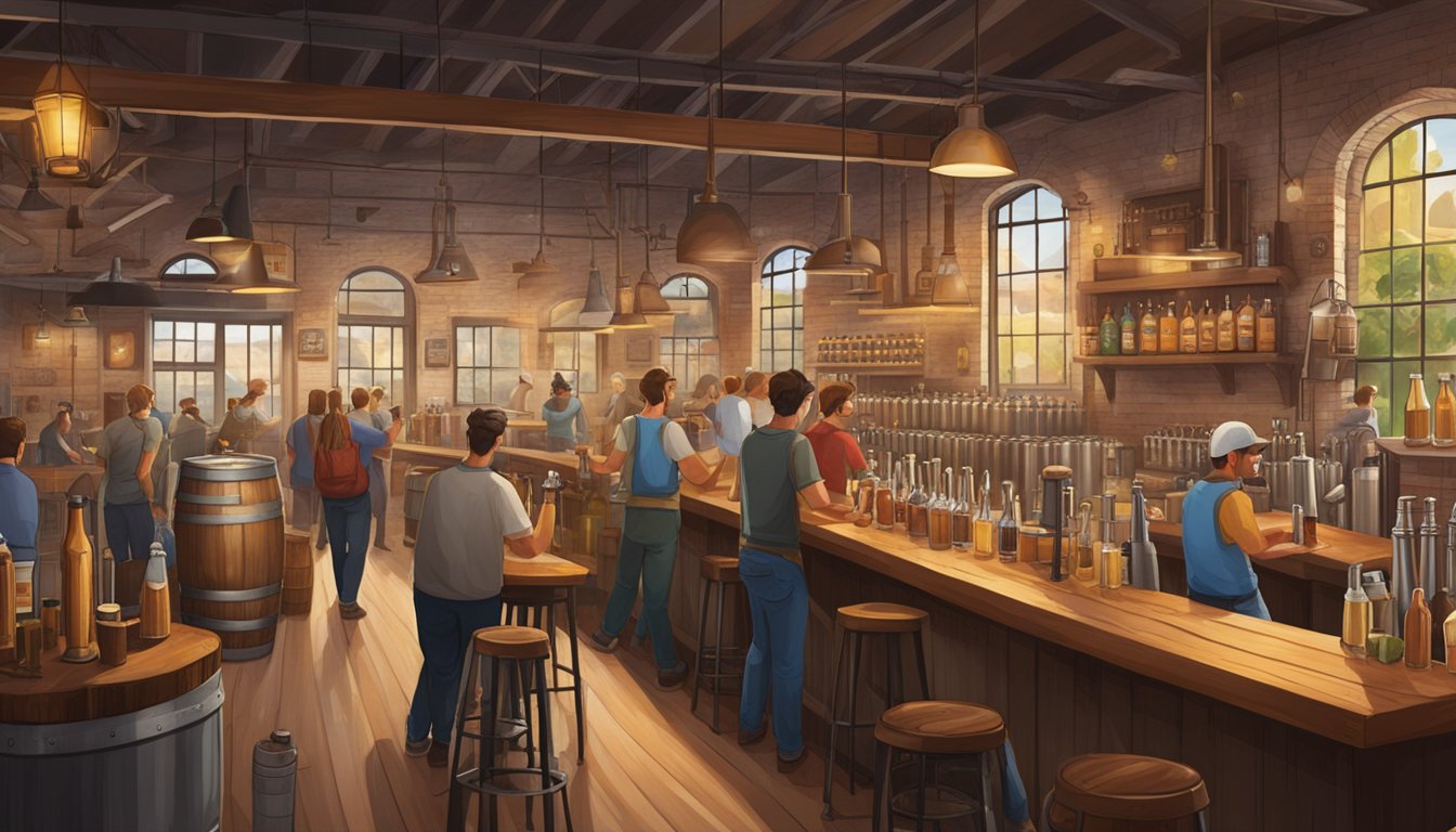 A bustling brewery scene with a variety of craft beer taps, wooden barrels, and industrial brewing equipment. Patrons enjoy tastings at the bar while others mingle in the lively atmosphere