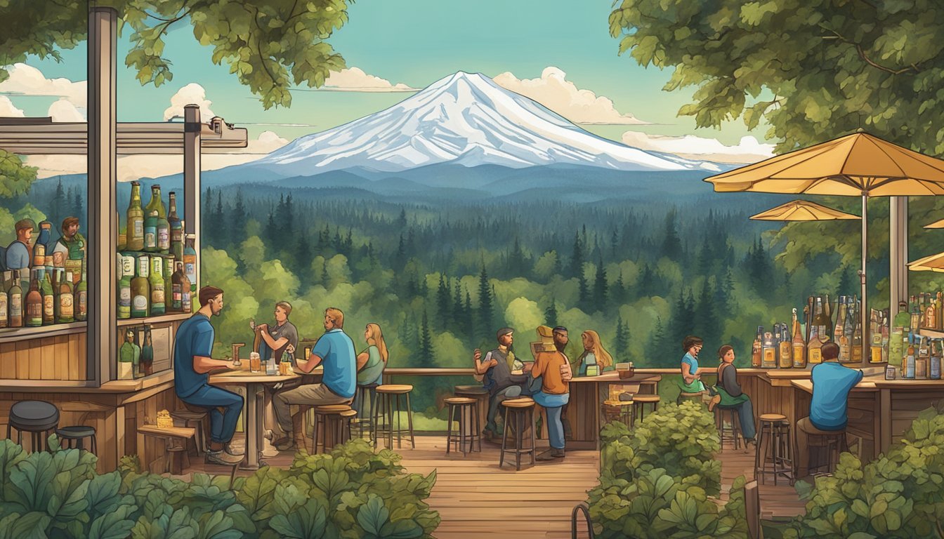 A bustling Eugene brewery scene with various beer styles and local flavors on display, surrounded by lush greenery and the iconic Oregon landscape