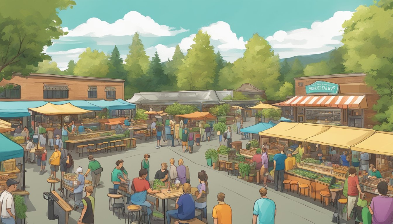 A bustling outdoor food market with colorful food trucks and picnic tables, surrounded by a backdrop of lush greenery and a variety of Eugene's craft beer taps