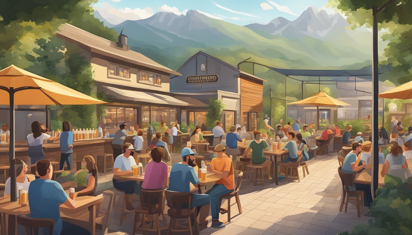 A bustling brewery with outdoor seating, surrounded by lush greenery and mountains in the distance. A diverse crowd enjoys local craft beers