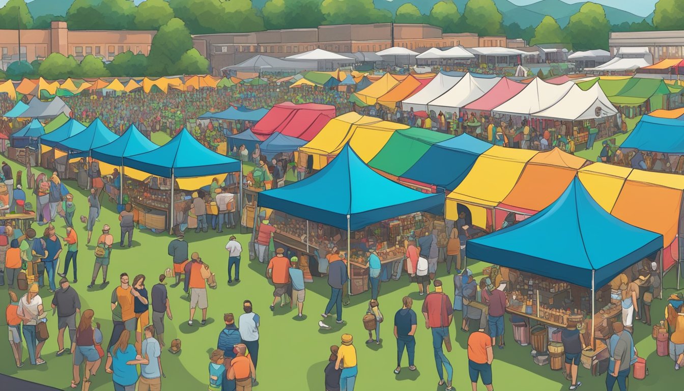 A bustling craft beer festival in Allentown, PA, with rows of colorful tents, people sampling beer, and live music filling the air