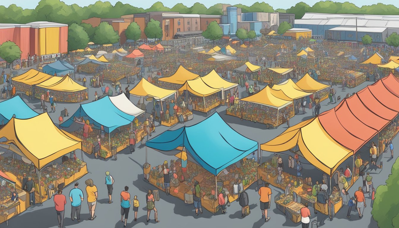 A bustling craft beer festival in Allentown, PA, with rows of colorful tents, people sampling beers, and live music filling the air