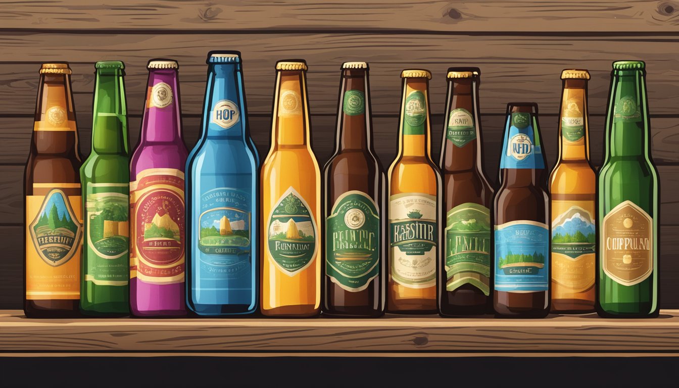 A row of colorful beer bottles with various labels displayed on a rustic wooden shelf, surrounded by tasting glasses and hop plants