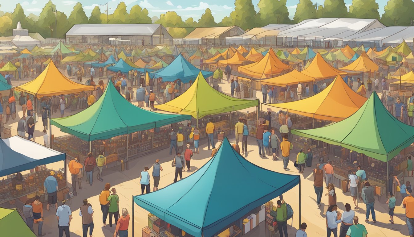 A bustling craft beer festival with rows of colorful tents and happy patrons sampling various brews