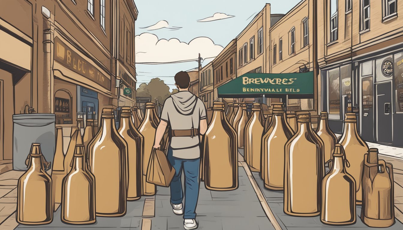 A person carrying a variety of craft beer bottles in a brown paper bag, walking past a row of local breweries in Allentown, PA