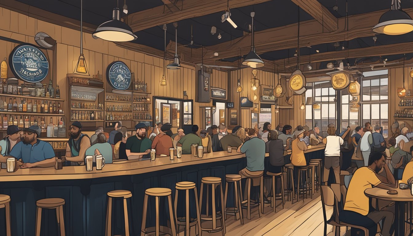 A bustling brewery taproom filled with patrons enjoying locally brewed beer, surrounded by Memphis-inspired decor and live music