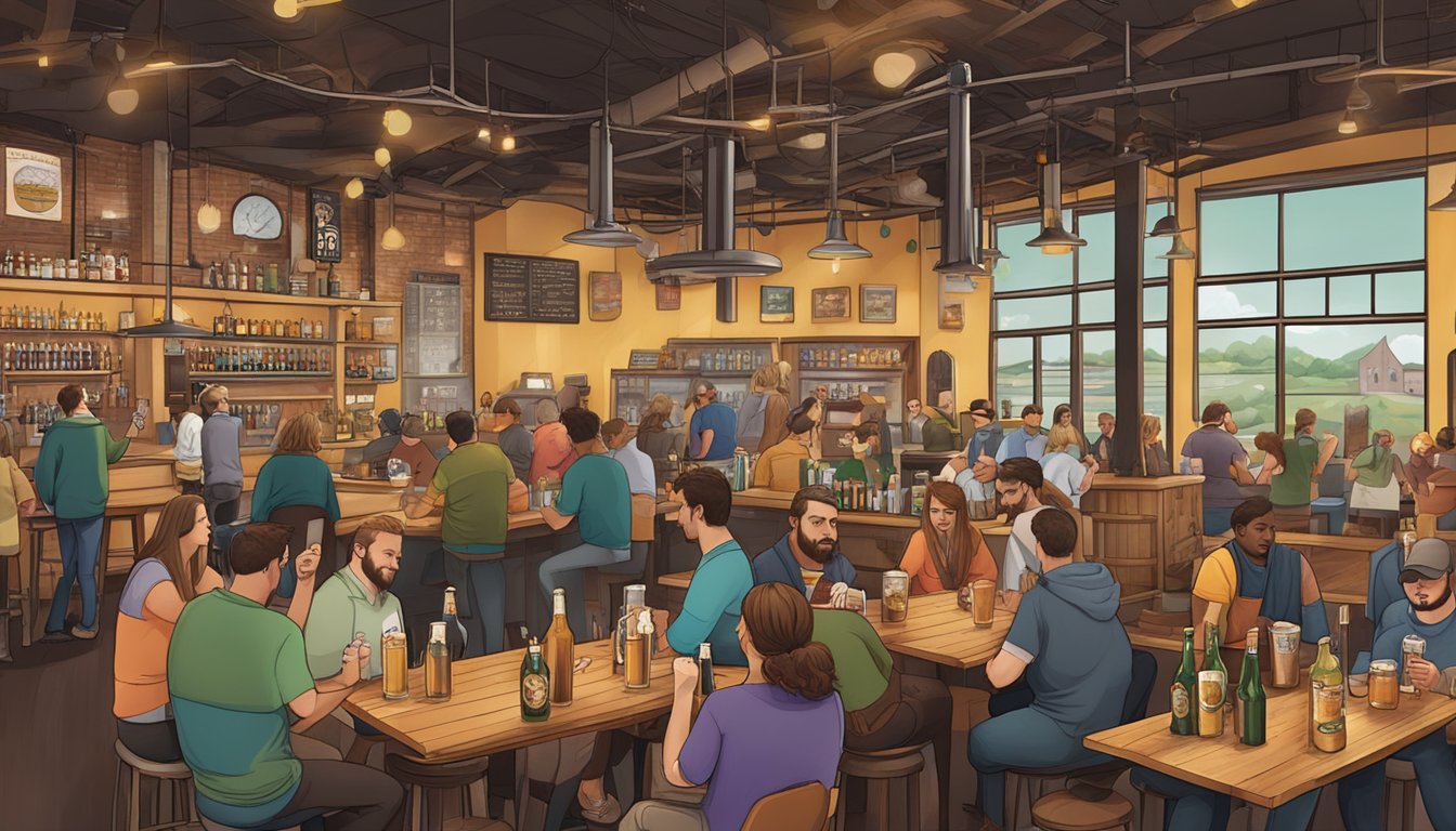 A bustling local brewery scene with diverse beer styles, patrons enjoying tastings, and a vibrant atmosphere in Allentown, PA